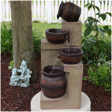 Sunnydaze Rustic 2-Tier Wood Barrel w/ Pump Outdoor Water Fountain Feature 37" 